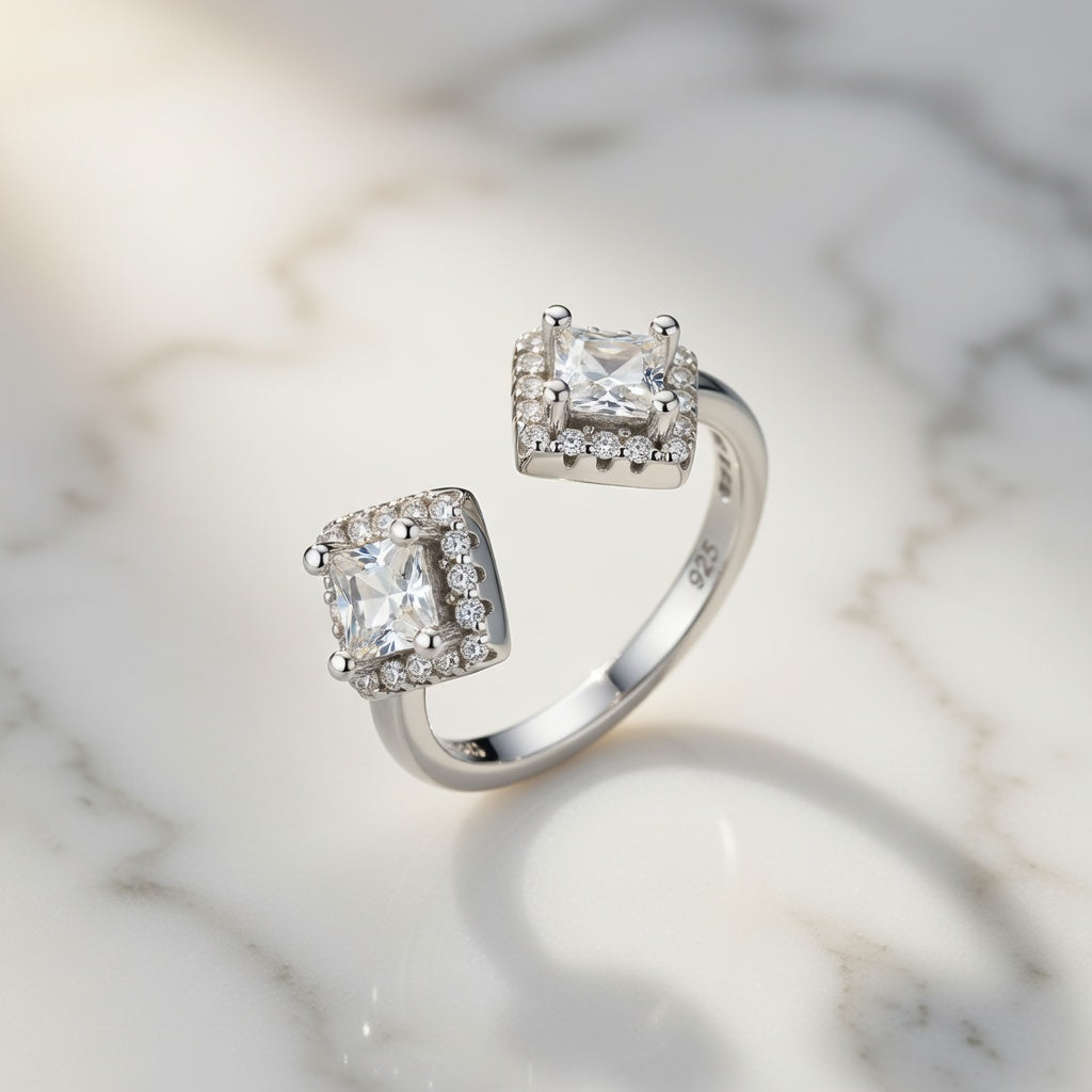 Bague Ouverte Double Carré 925 Argentée