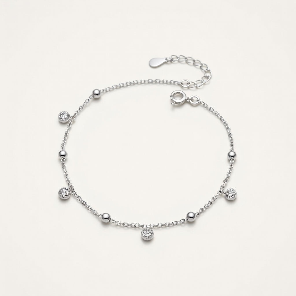 Bracelet de cheville femme argent 925 pendentif rond zircon bohème