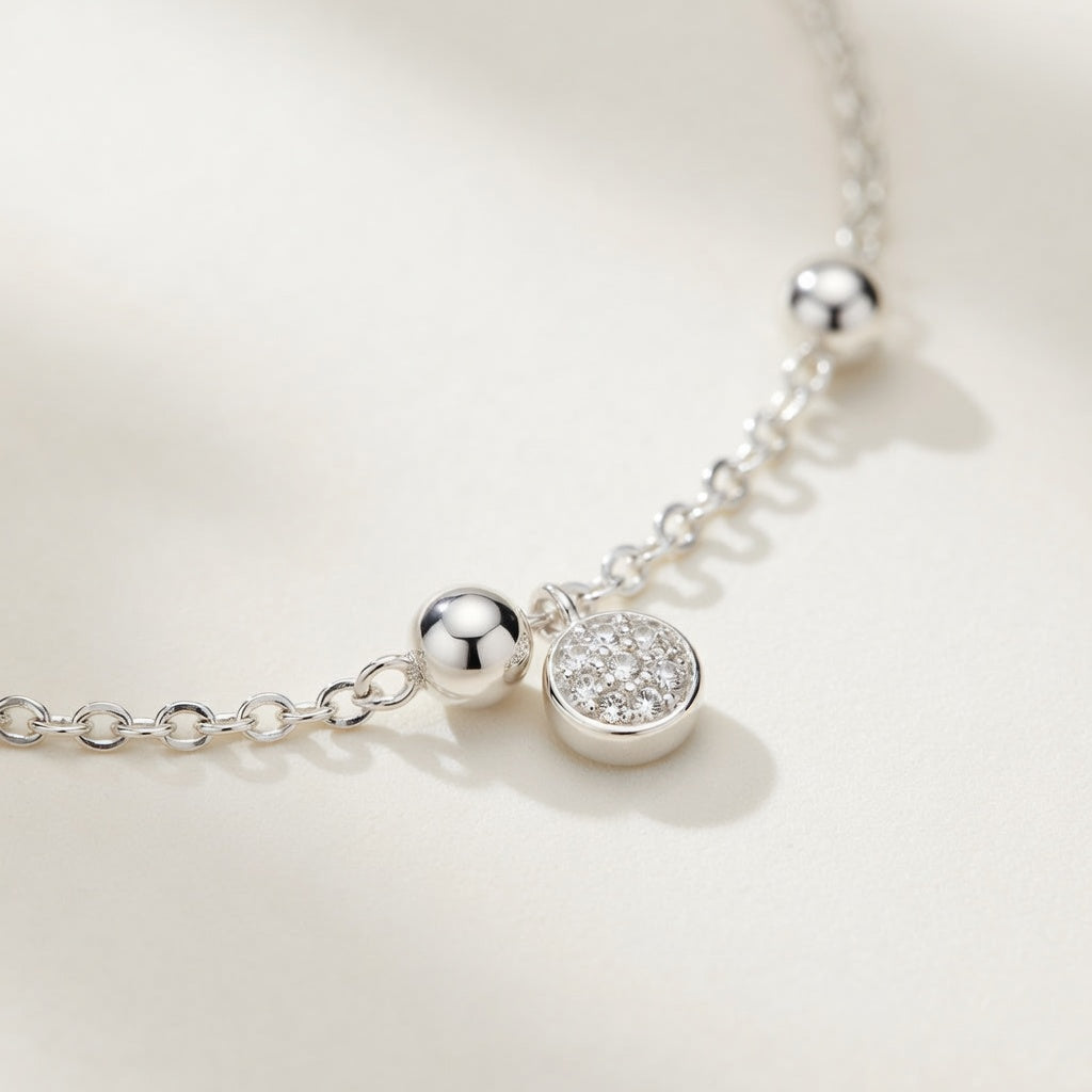 Bracelet de cheville femme argent 925 pendentif rond zircon bohème