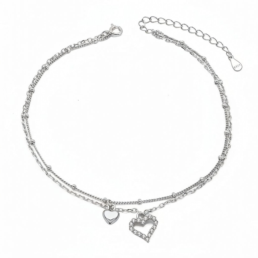 Bracelet de cheville femme argent 925 double rang cœur zircon