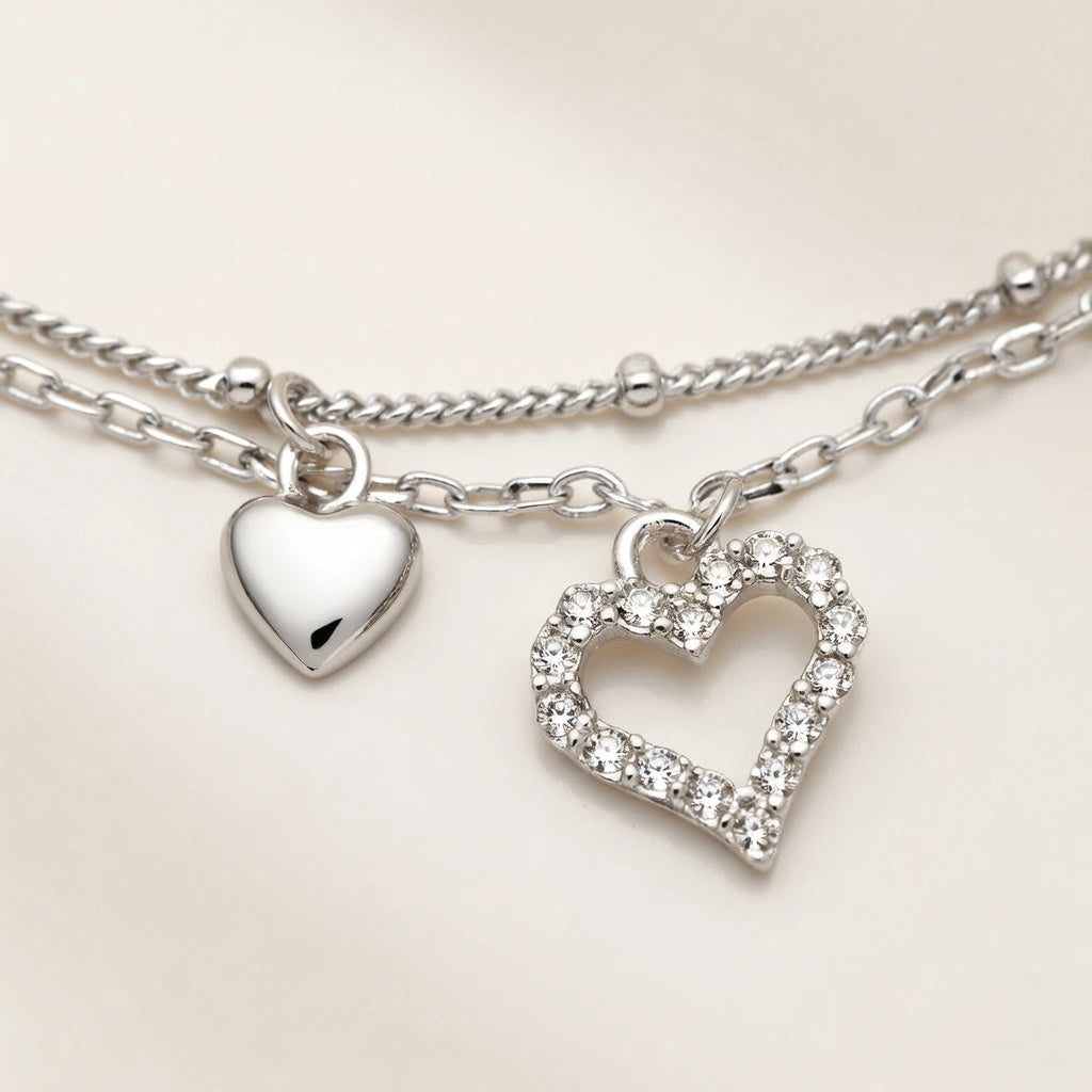 Bracelet de cheville femme argent 925 double rang cœur zircon