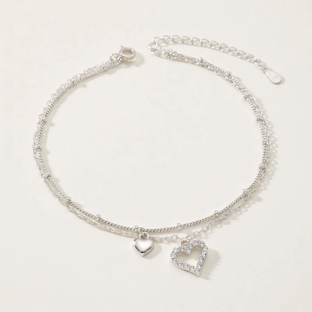 Bracelet de cheville femme argent 925 double rang cœur zircon