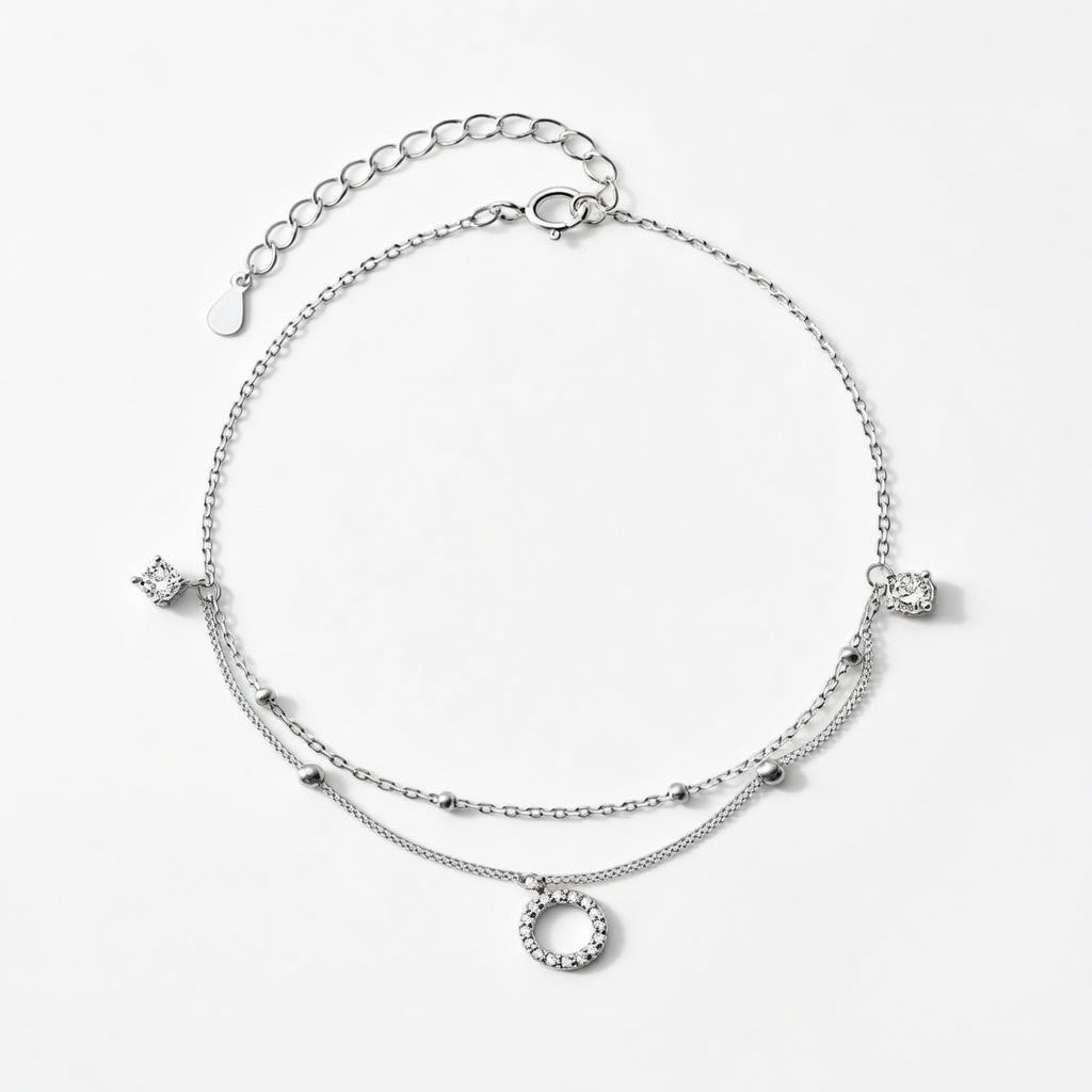 Bracelet de cheville femme argent 925 double rang pendentif rond zircon