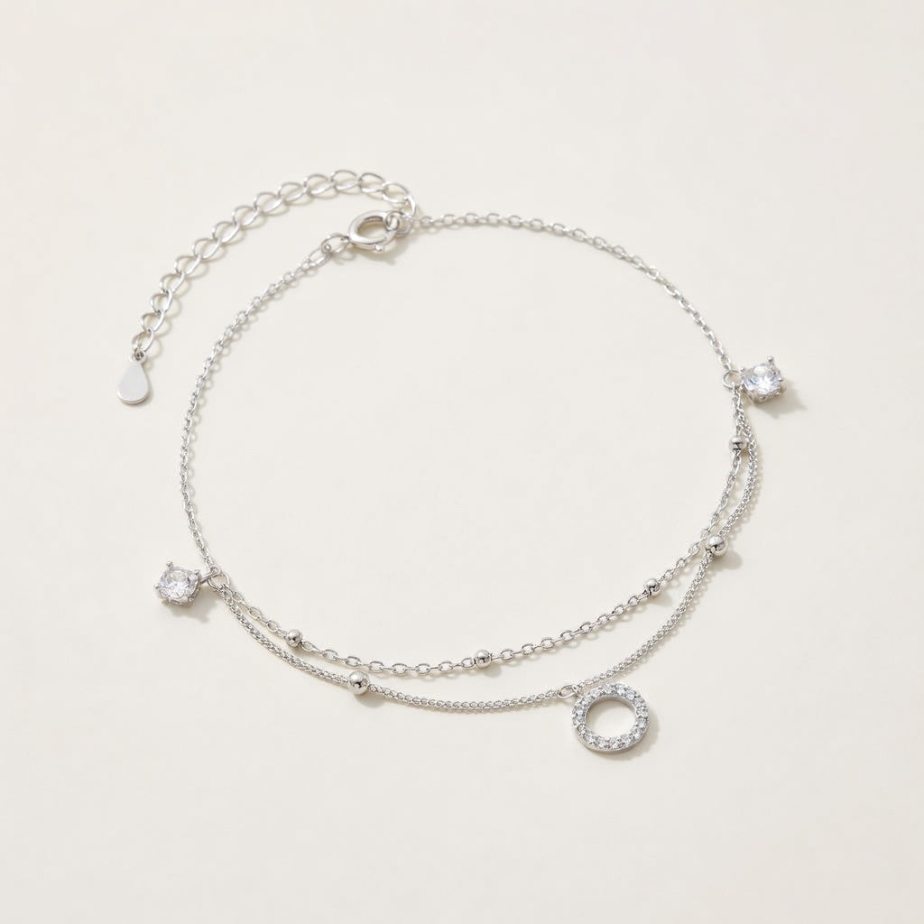 Bracelet de cheville femme argent 925 double rang pendentif rond zircon