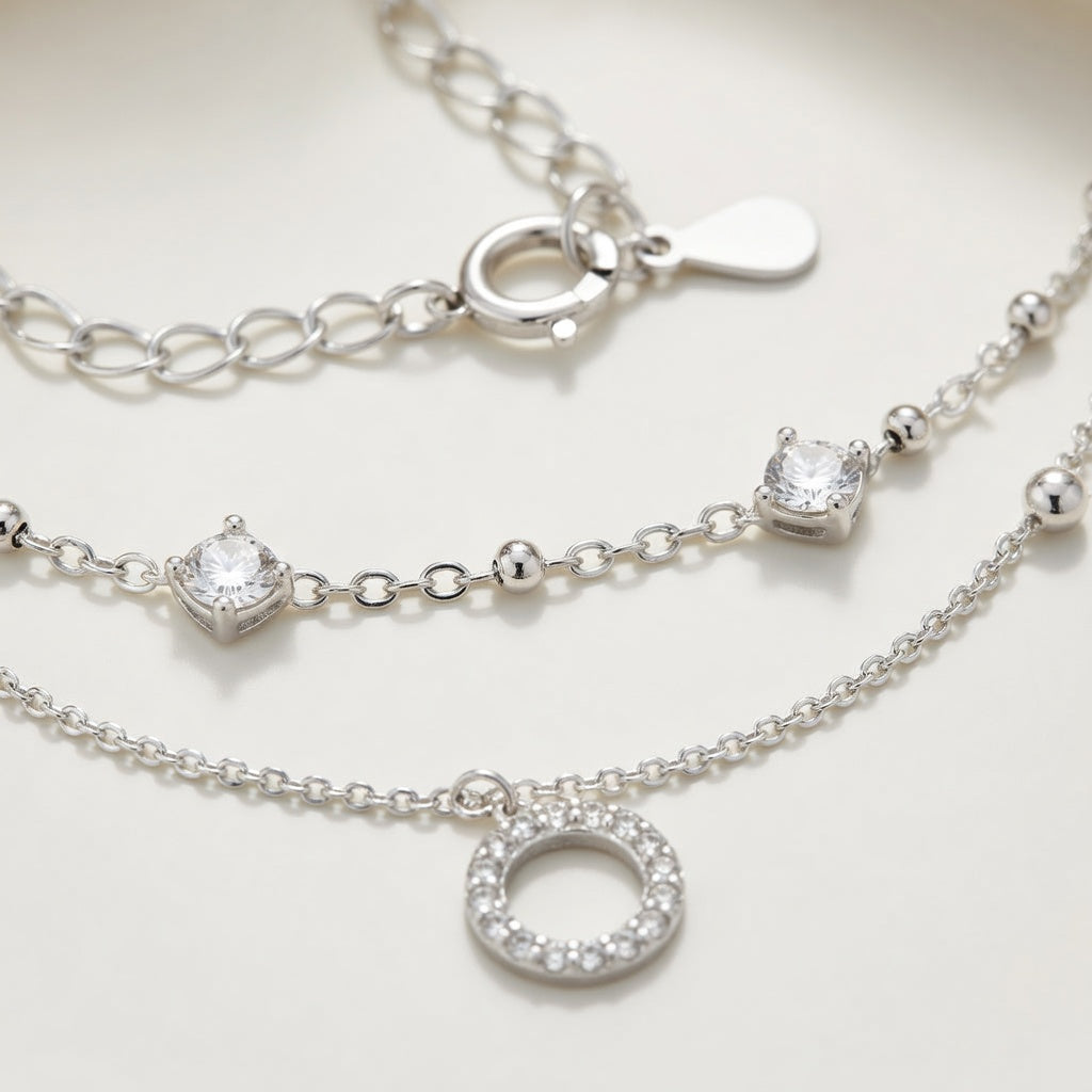 Bracelet de cheville femme argent 925 double rang pendentif rond zircon