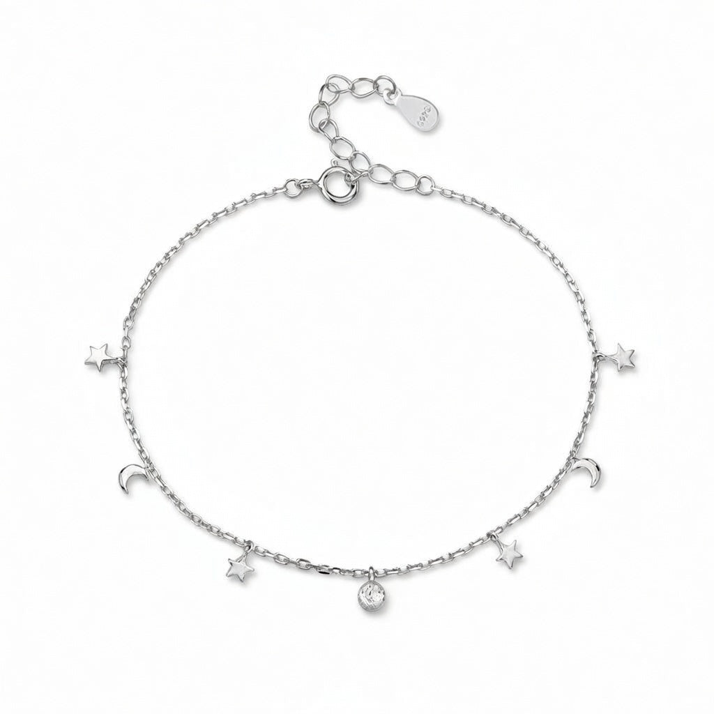 Bracelet de cheville femme argent 925 étoile lune perles rondes bohème