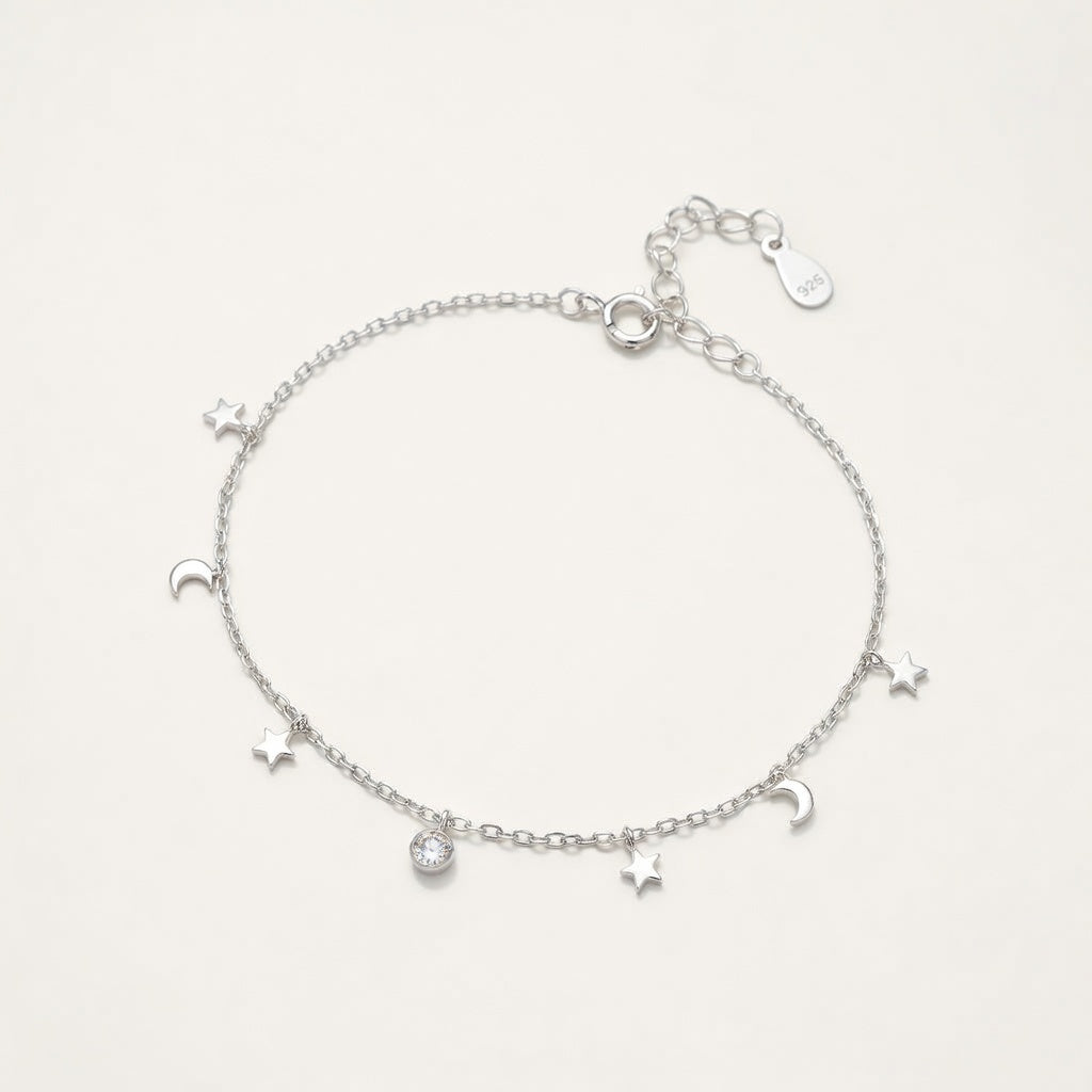 Bracelet de cheville femme argent 925 étoile lune perles rondes bohème