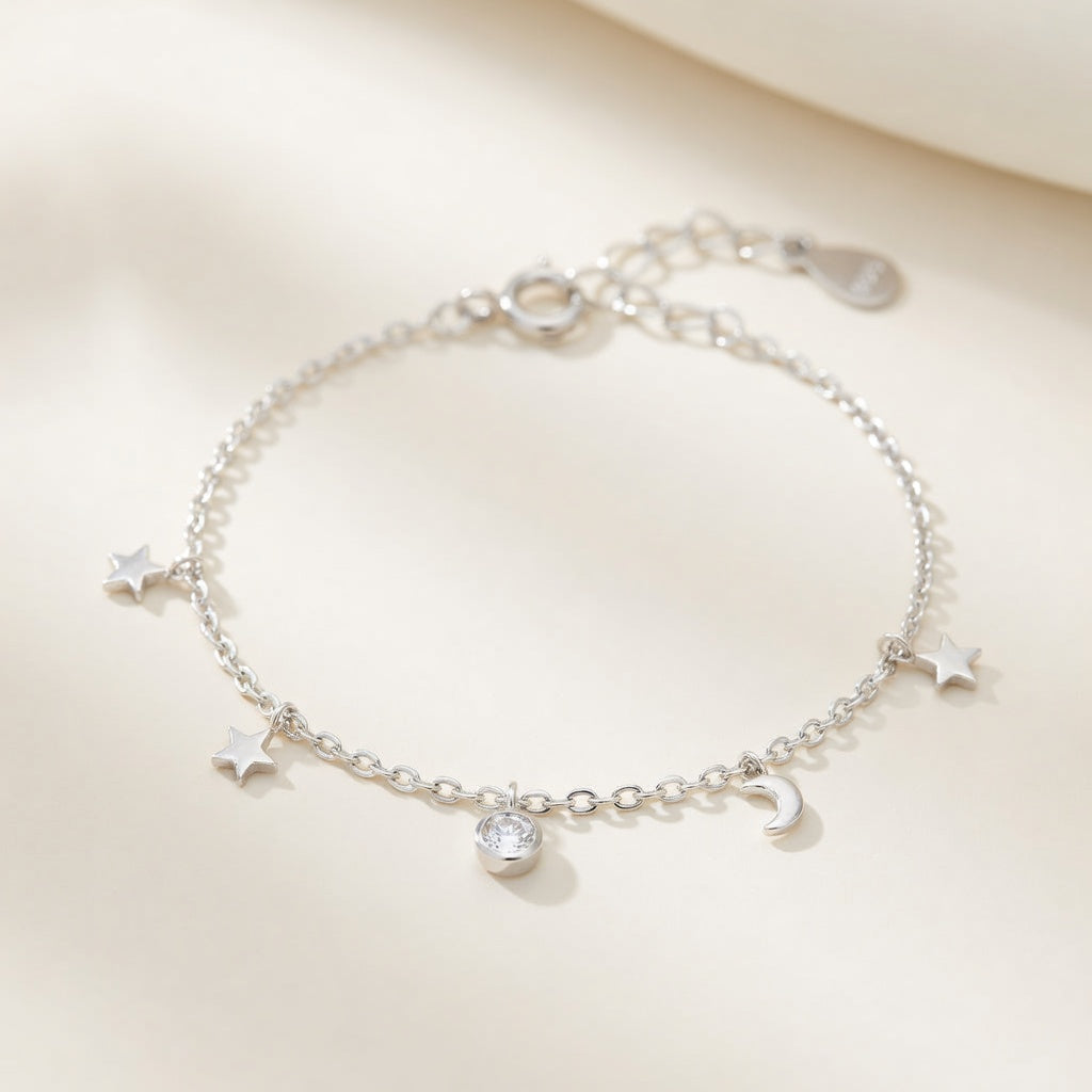 Bracelet de cheville femme argent 925 étoile lune perles rondes bohème
