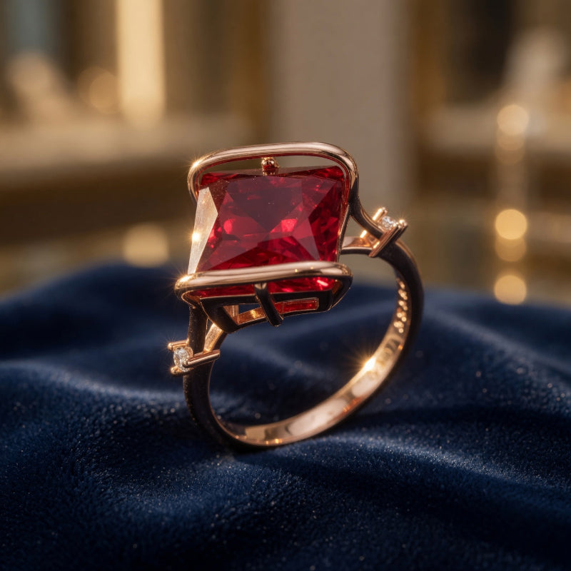 Bague Kinel Zircon Rouge Carré Femme – Or Rose 585