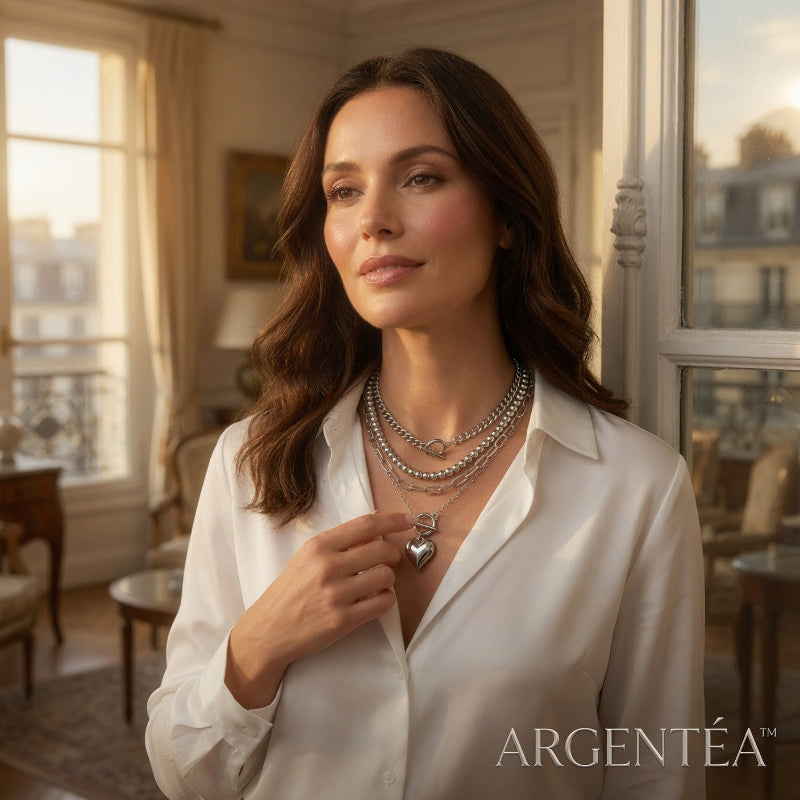 Collier Pendentif Cœur Doré ou Argentée 4 Pièces Argentéa, Chaîne à Boucle