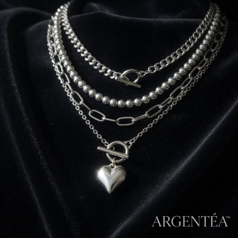 Collier Pendentif Cœur Doré ou Argentée 4 Pièces Argentéa, Chaîne à Boucle