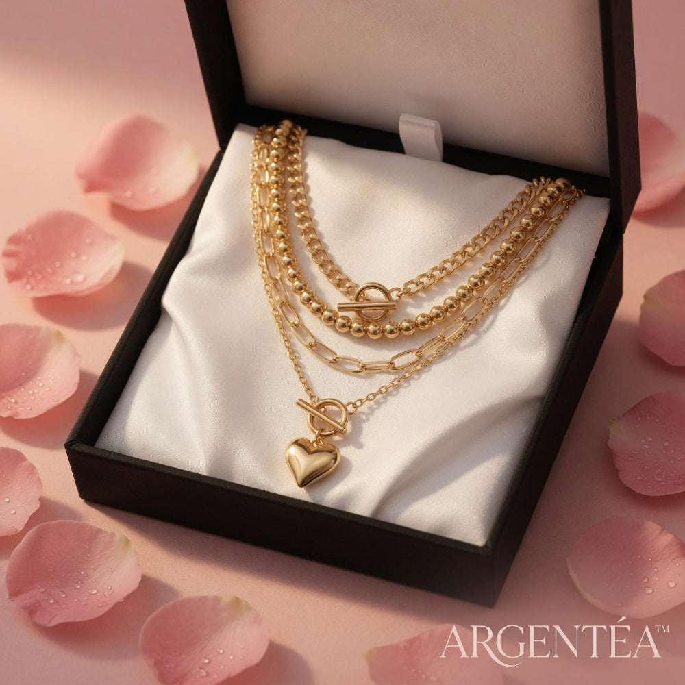 Collier Pendentif Cœur Doré ou Argentée 4 Pièces Argentéa, Chaîne à Boucle
