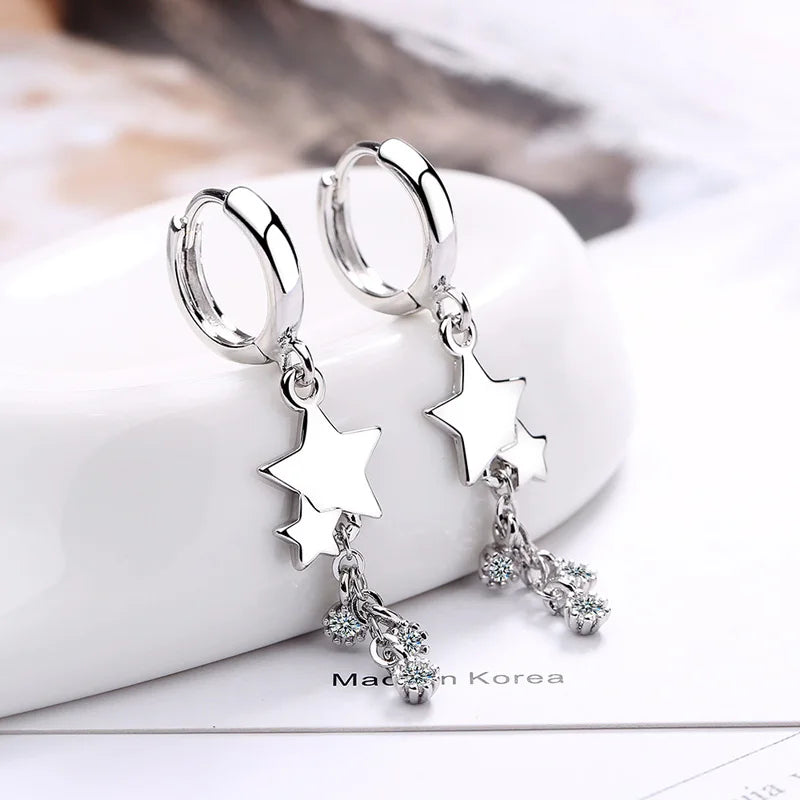 Créoles pendantes femme argent 925 double étoile zircon pampilles chaîne