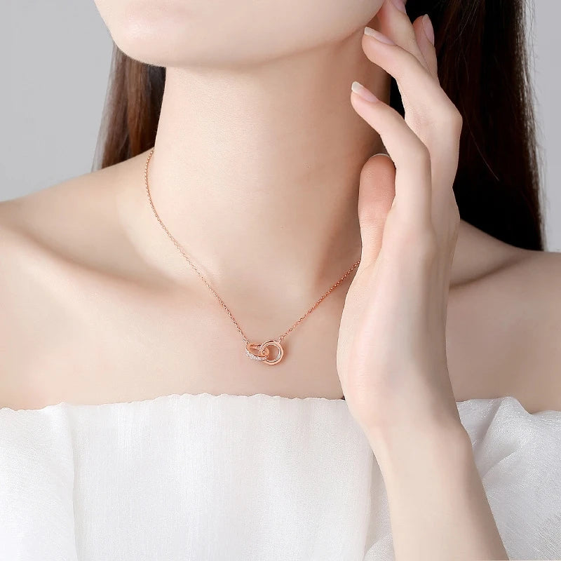 Collier femme argent 925 double cercle pendentif rose gold