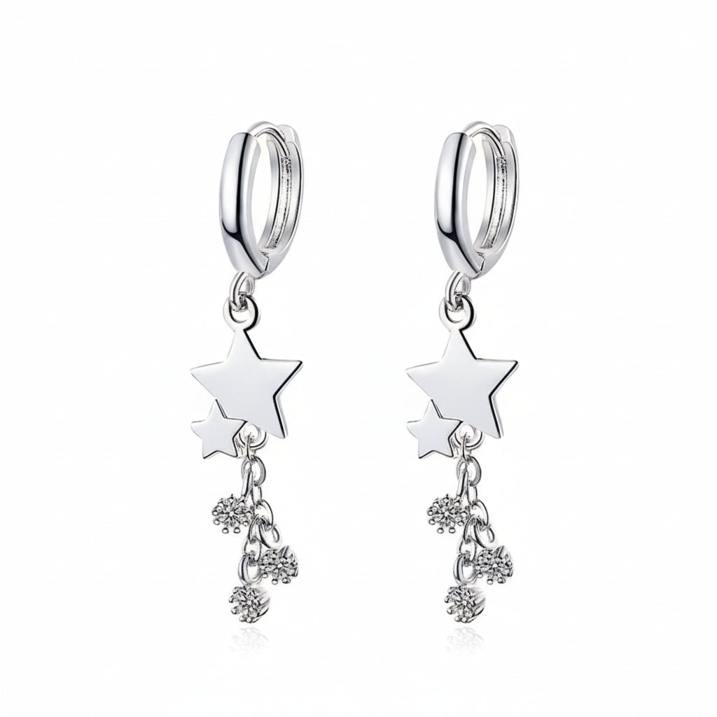 Créoles pendantes femme argent 925 double étoile zircon pampilles chaîne
