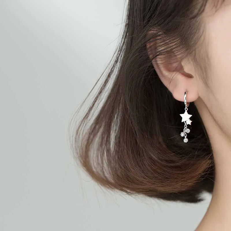 Créoles pendantes femme argent 925 double étoile zircon pampilles chaîne