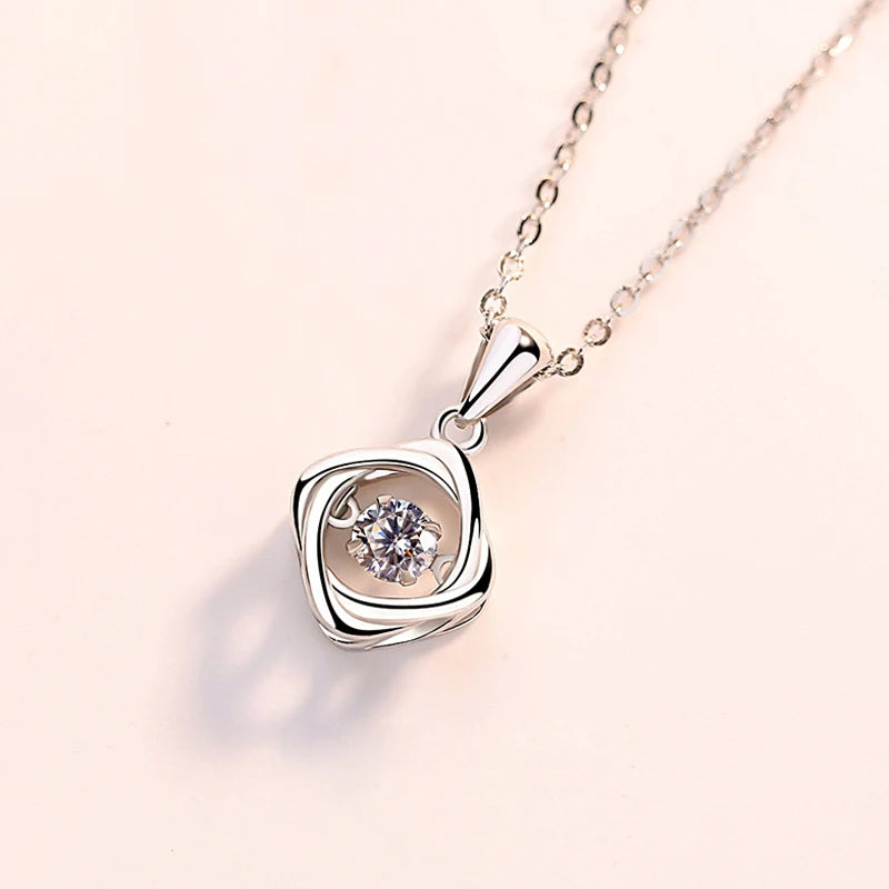 Collier femme argent 925 pendentif carré zircon dansant trèfle porte-bonheur