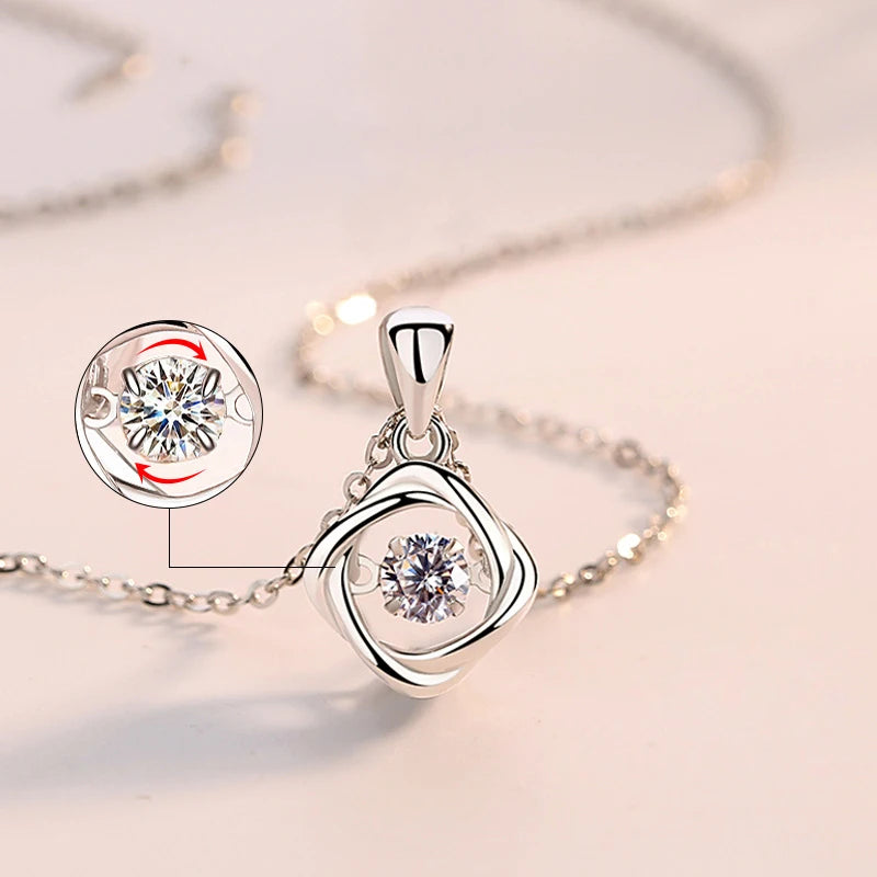 Collier femme argent 925 pendentif carré zircon dansant trèfle porte-bonheur