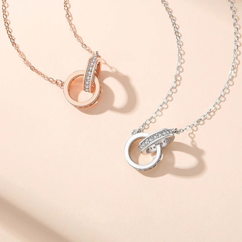 Collier femme argent 925 double cercle pendentif rose gold