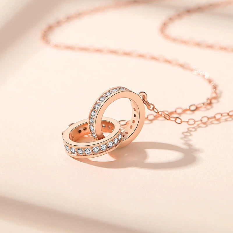 Collier femme argent 925 double cercle pendentif rose gold