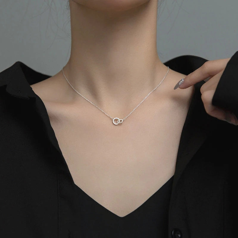 Collier femme argent 925 pendentif rond et carré géométrique