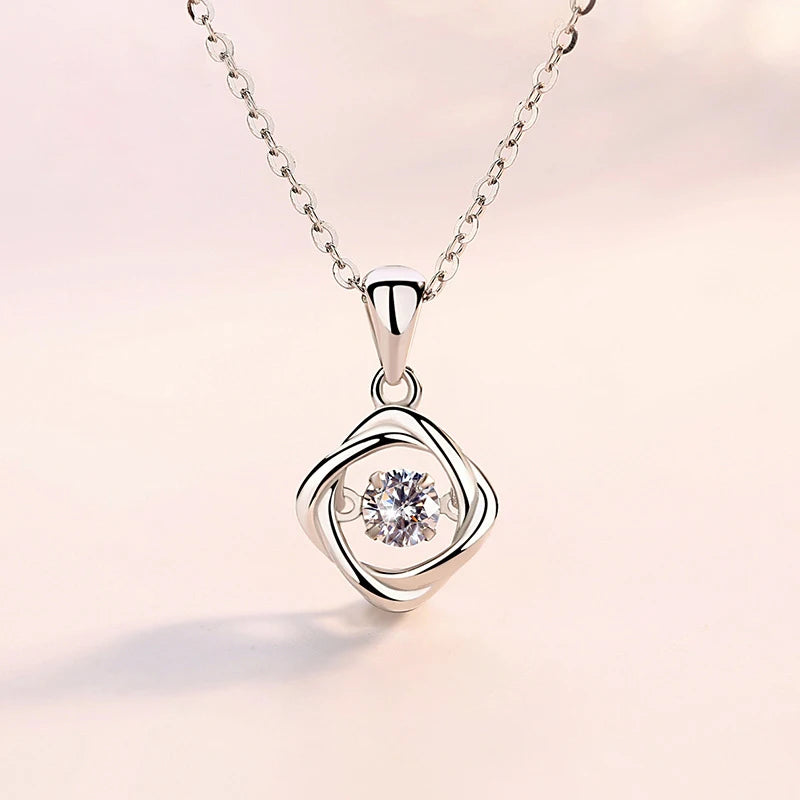 Collier femme argent 925 pendentif carré zircon dansant trèfle porte-bonheur