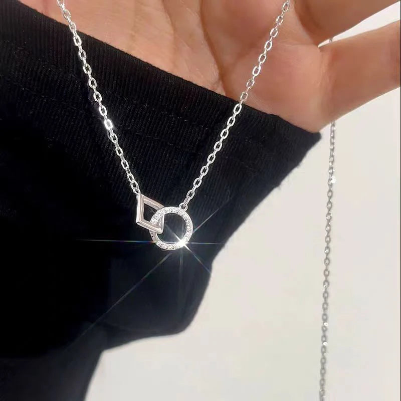 Collier femme argent 925 pendentif rond et carré géométrique