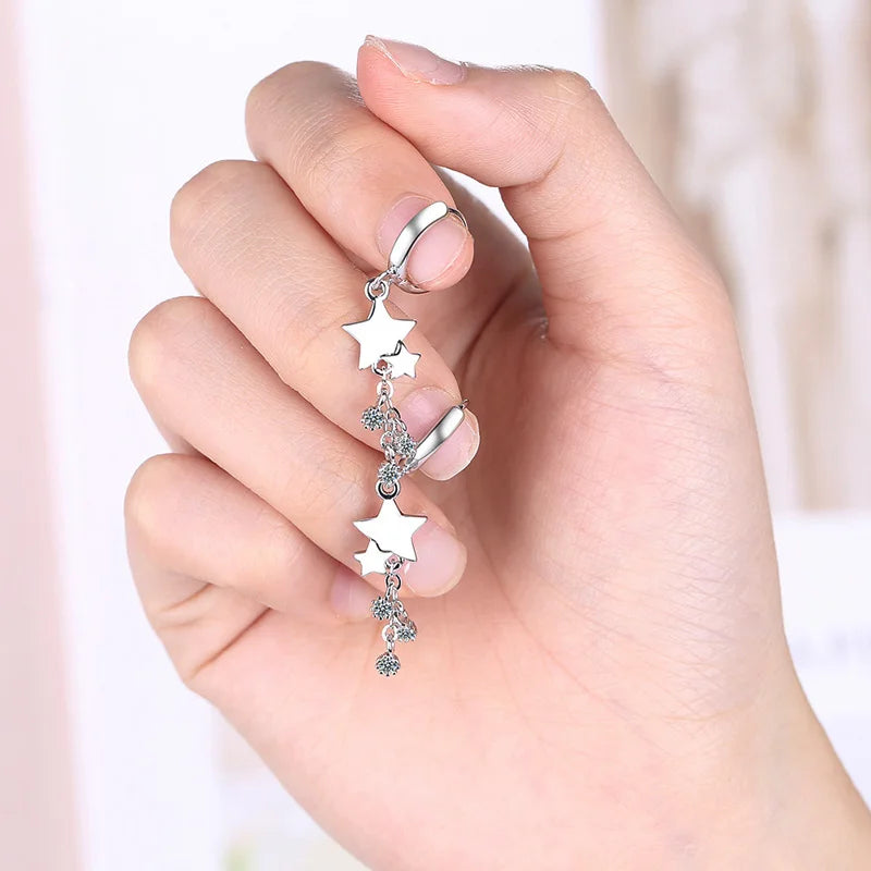 Créoles pendantes femme argent 925 double étoile zircon pampilles chaîne