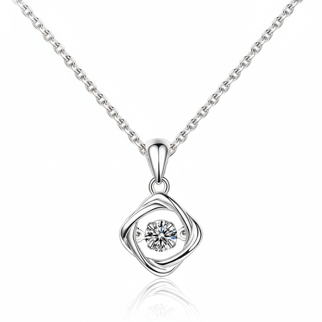 Collier femme argent 925 pendentif carré zircon dansant trèfle porte-bonheur