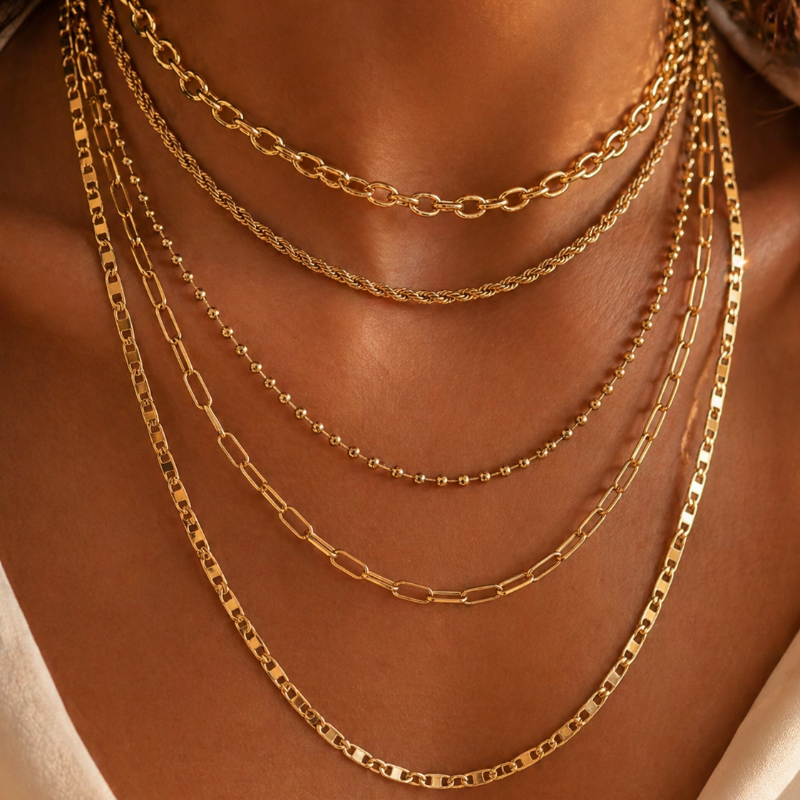Set 5 Colliers Chaînes Dorées Superposées pour Femme
